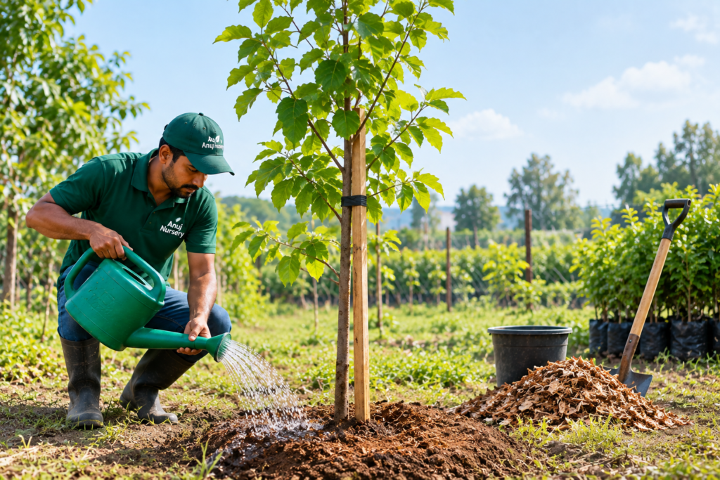 Newly planted trees receiving proper care in Saharanpur
