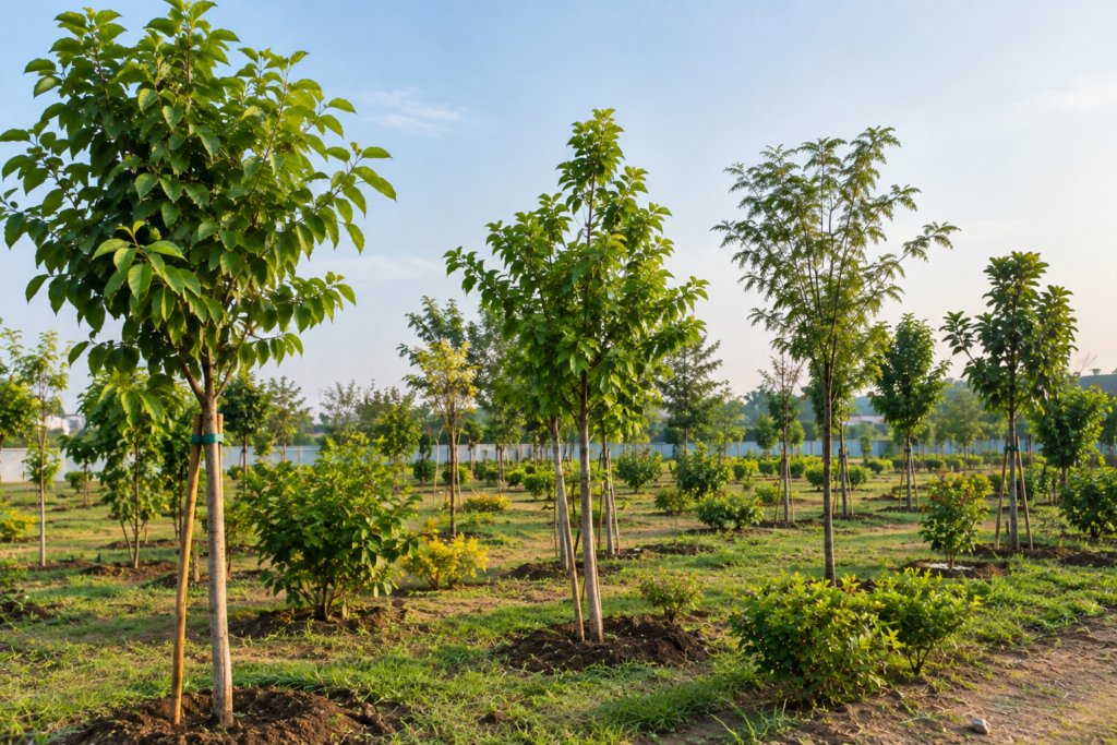 Tree plantation planning on a residential property with newly planted trees