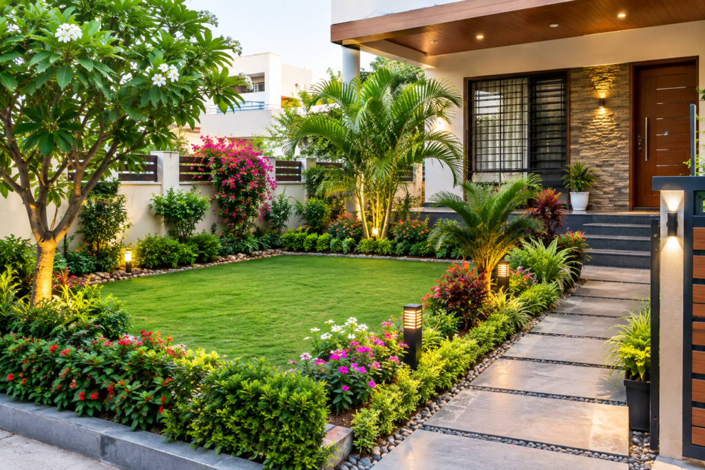 Front yard landscaping with trees, flowers and lawn