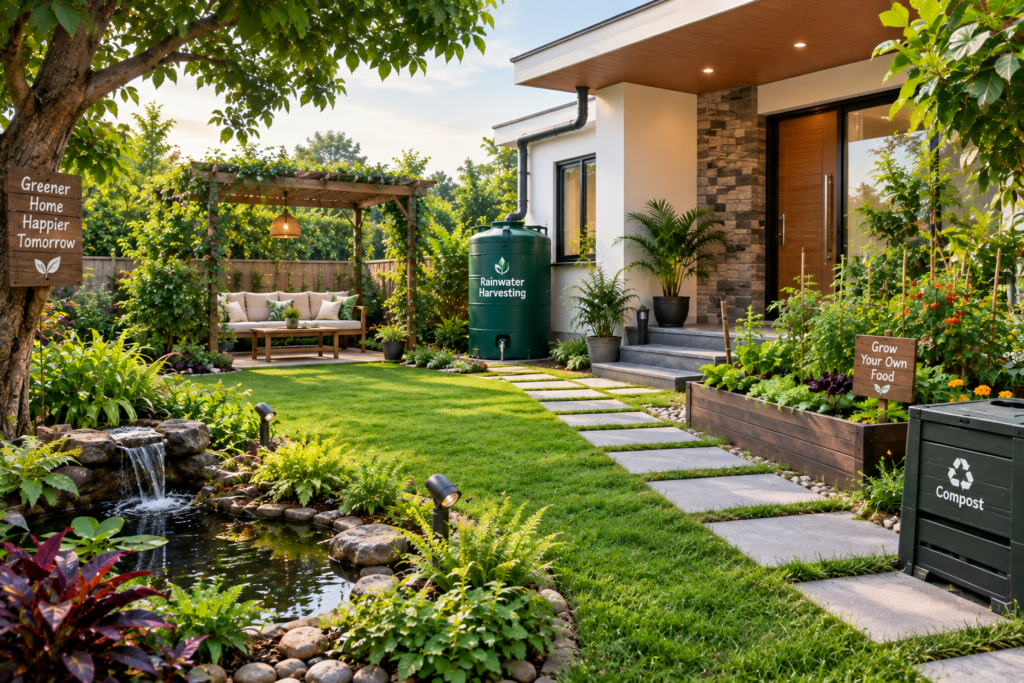 Eco-friendly landscaping design for a new home with trees and sustainable garden plants.