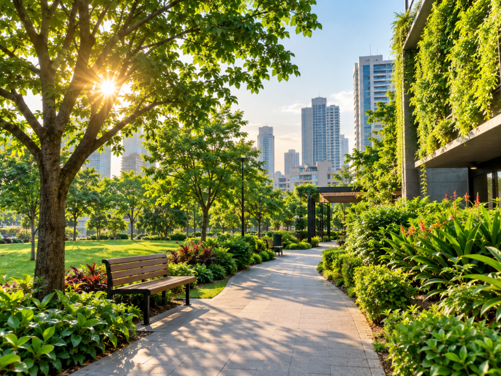 Green landscaping with trees and plants helping create a cooler urban environment.