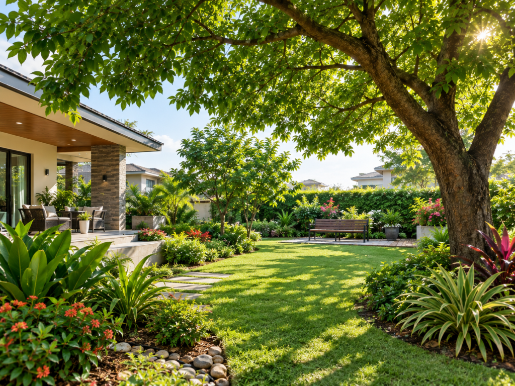 Trees providing shade and improving the microclimate around a landscaped property.