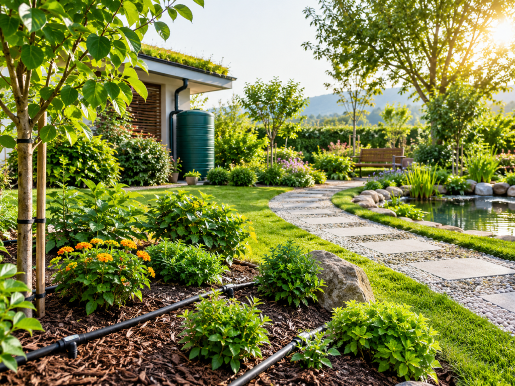 Sustainable landscaping with native plants, trees, and water-efficient garden design.