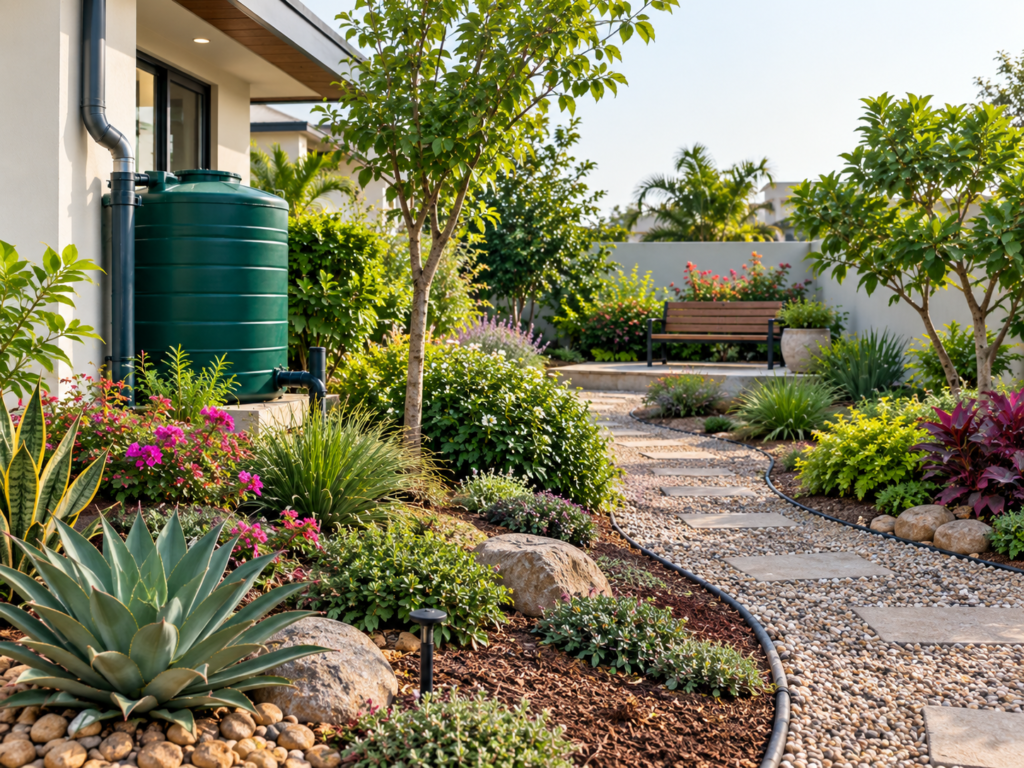 Water-saving landscaping design for an Indian home garden.