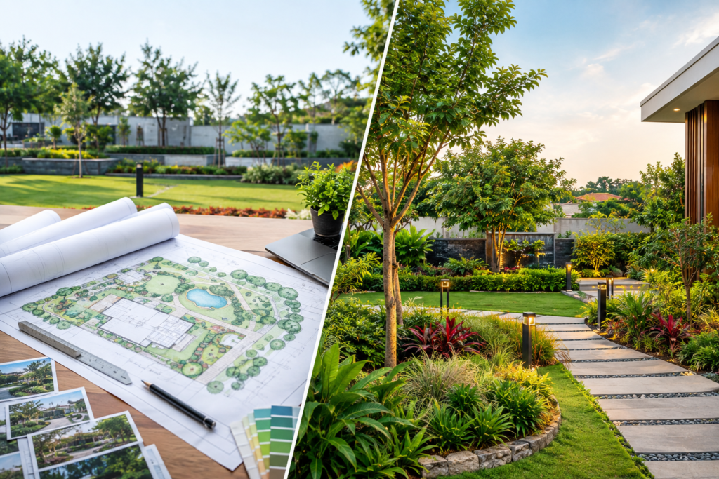 Landscape design and development project with plants, pathways and green outdoor space