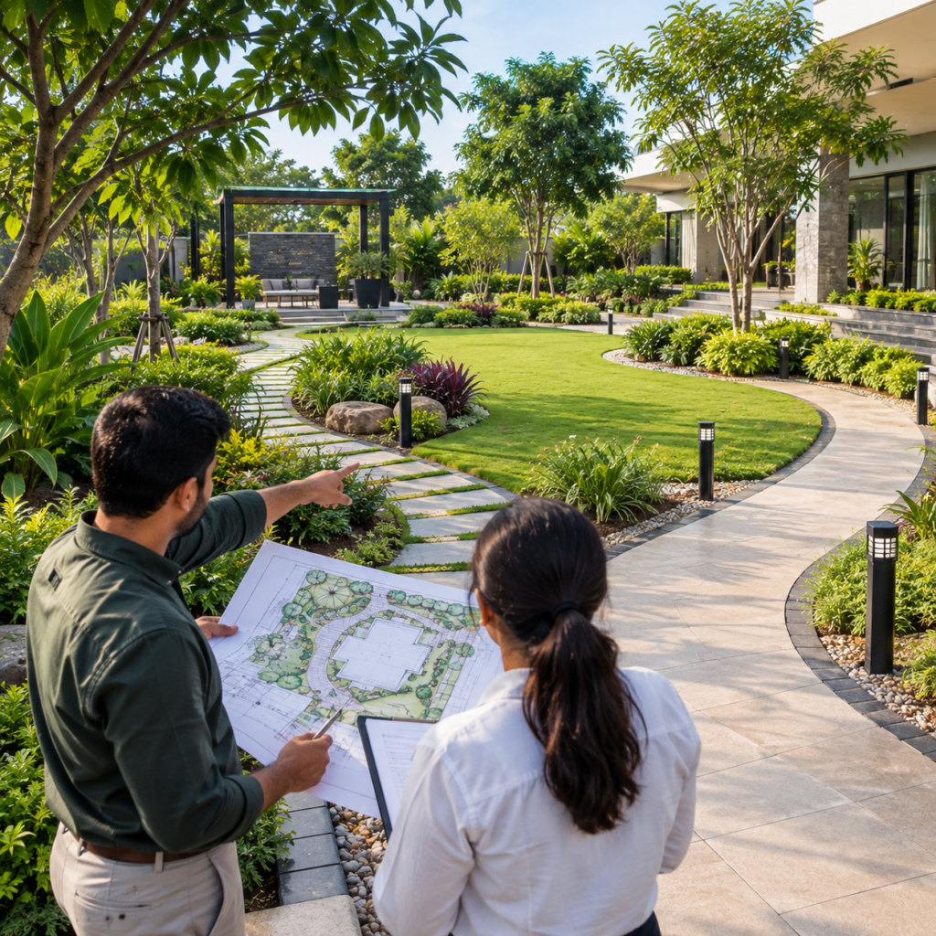Landscape designers planning movement and circulation through garden pathways