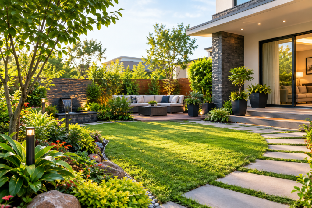 Modern residential landscape with trees, layered plants, lawn, pathway and outdoor seating