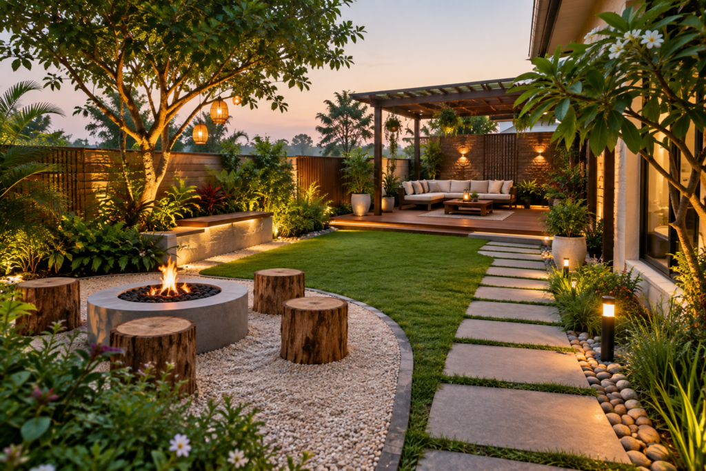 Modern residential outdoor area transformed with lush plants, lawn, pathway, seating and garden lighting.