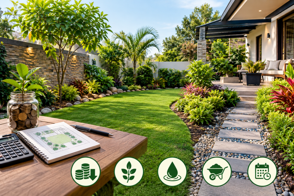 Budget-friendly landscaped garden with lush plants, lawn, stone pathway, and smart low-cost landscaping design.