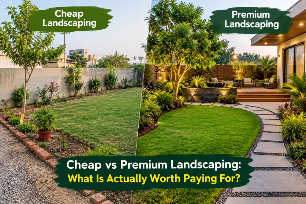 Cheap vs premium landscaping ideas with a beautifully designed garden and outdoor landscape.