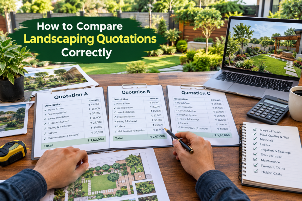 How to compare landscaping quotations with garden plans, plants, materials, and cost estimates.