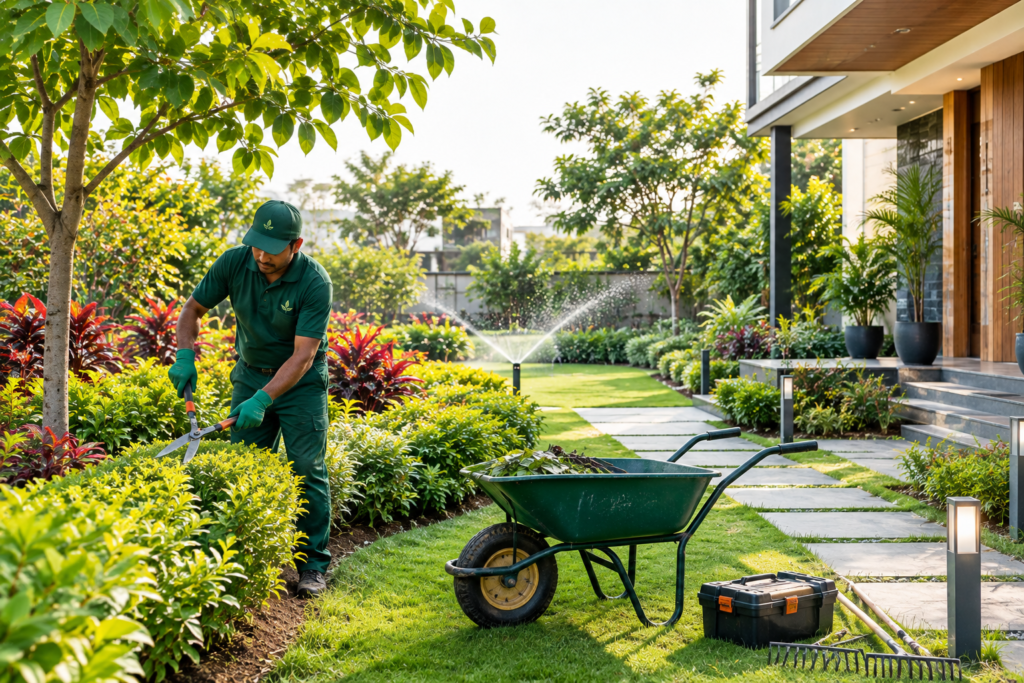 Professional landscape maintenance with healthy plants, lawn, trees and irrigation system