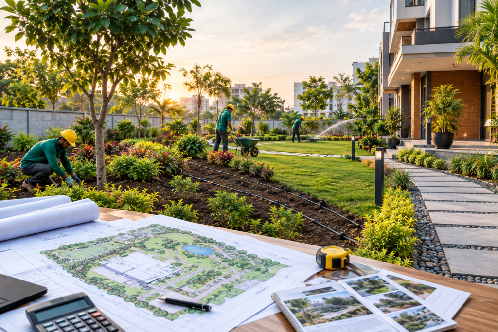 Real estate landscaping project with trees, lawn, pathways, irrigation and professional landscape development