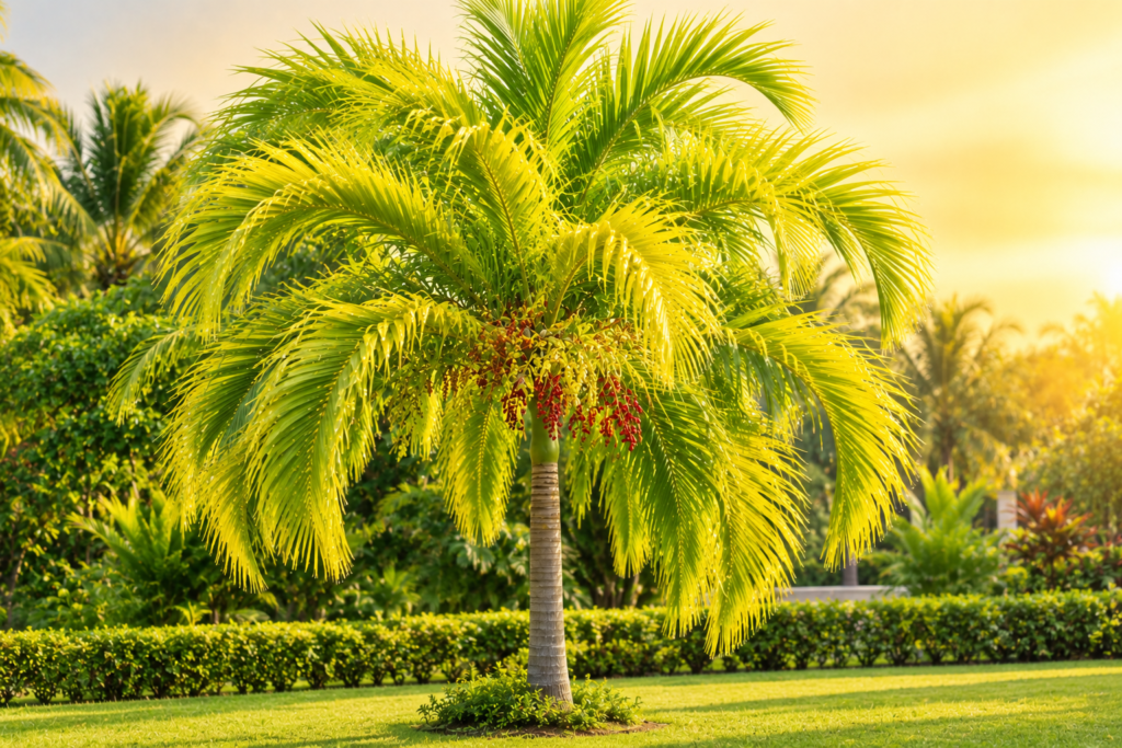 Veitchia Merrillii Golden palm growing in a landscaped Indian garden