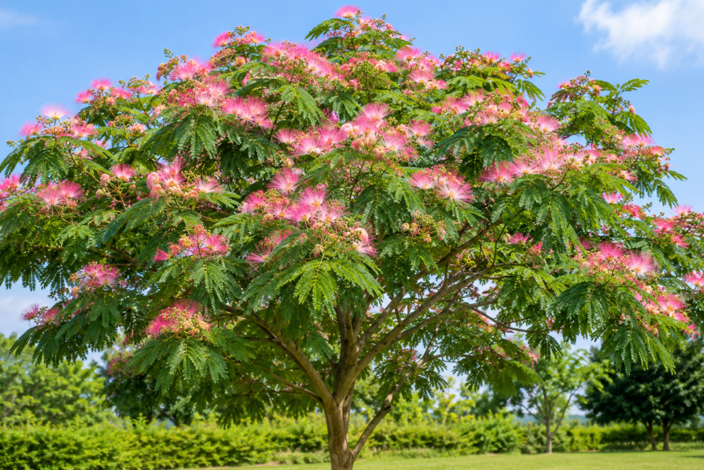 Albizia julibrissin tree with pink flowers in India