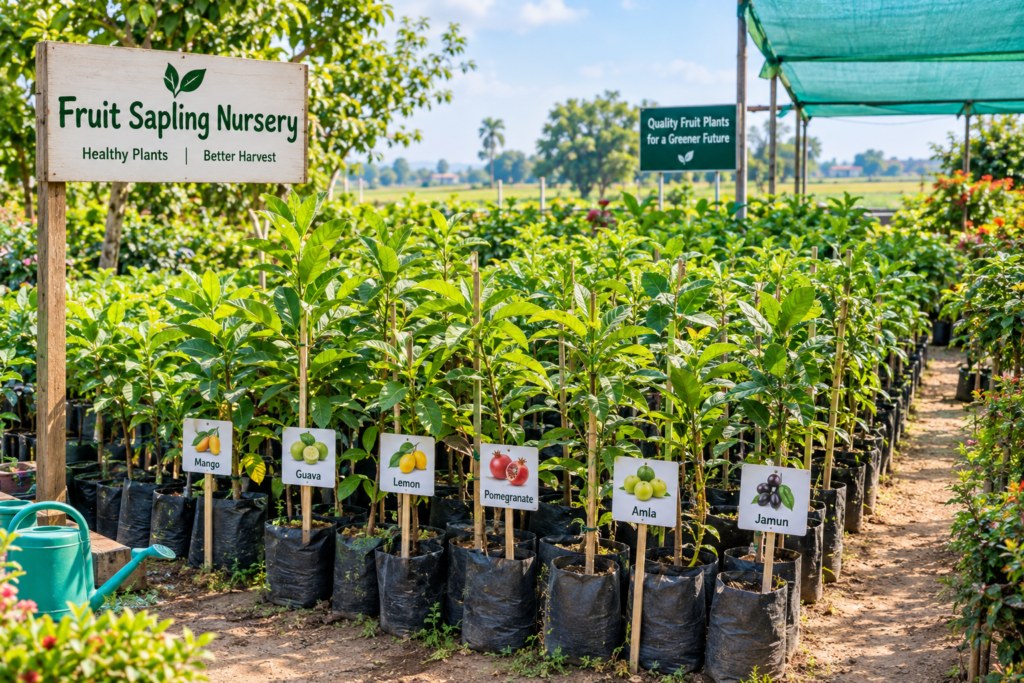 Healthy fruit saplings growing in a nursery in North India