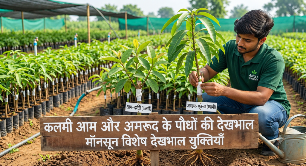 Grafted mango and guava plants growing healthy in an Indian nursery