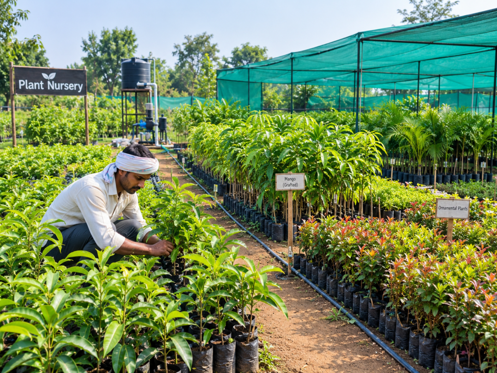 Farmer managing a well-organized plant nursery with healthy saplings in India