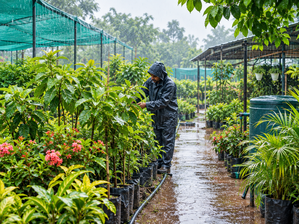 Healthy plants protected from heavy rain in an Indian nursery