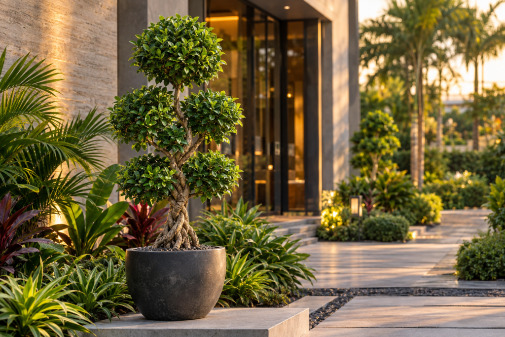 Ficus topiary plant in a decorative pot for ornamental landscaping