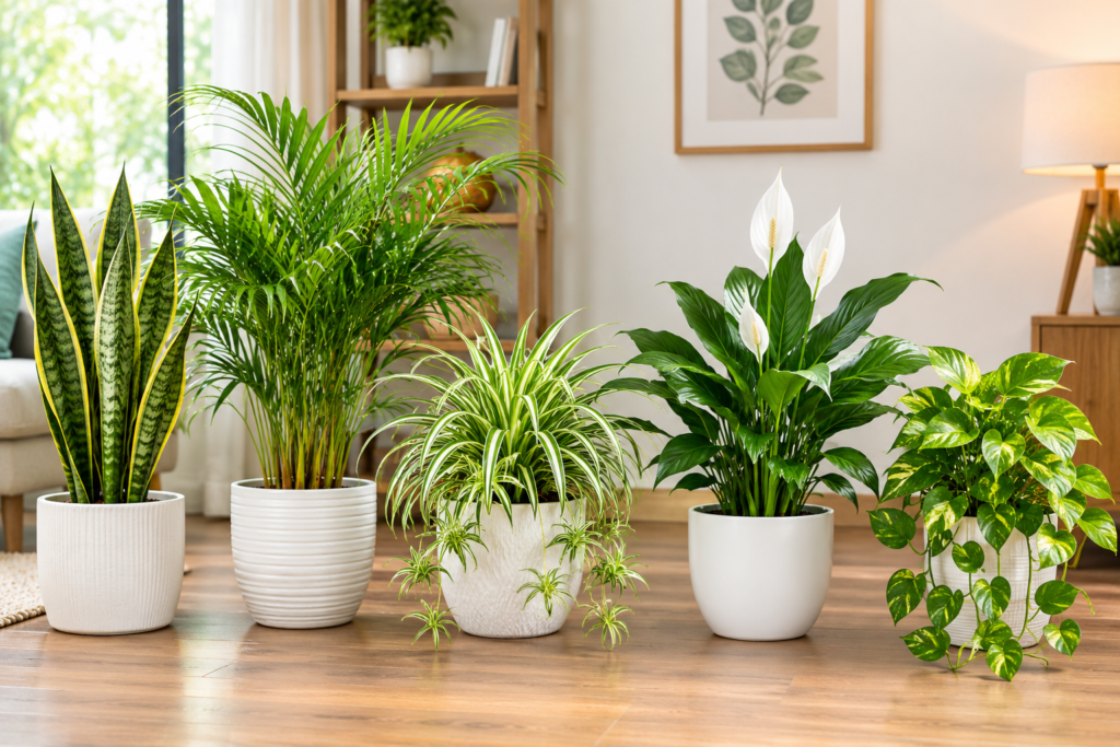 Top five indoor plants for home including snake plant, areca palm, spider plant, peace lily and money plant