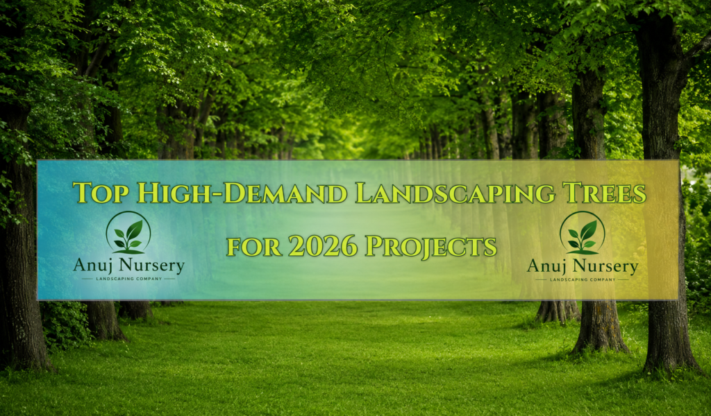 Green tree-lined landscape with a transparent teal and yellow banner reading ‘Top High-Demand Landscaping Trees for 2026 Projects,’ featuring Anuj Nursery Landscaping Company logos on both sides.”
