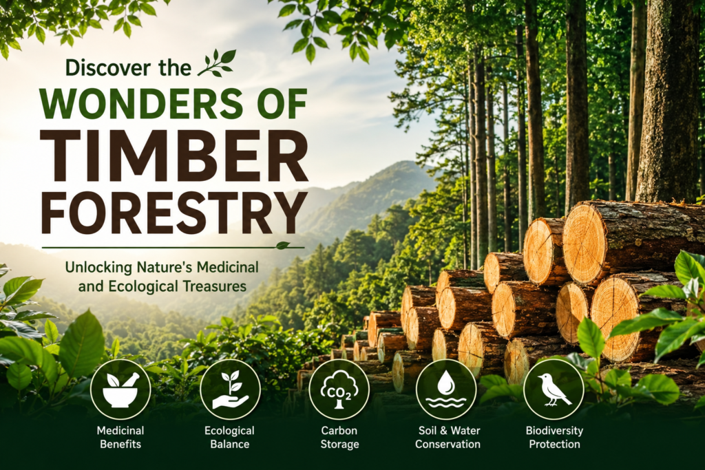 Timber forestry with forest trees, timber logs, and ecological conservation benefits.