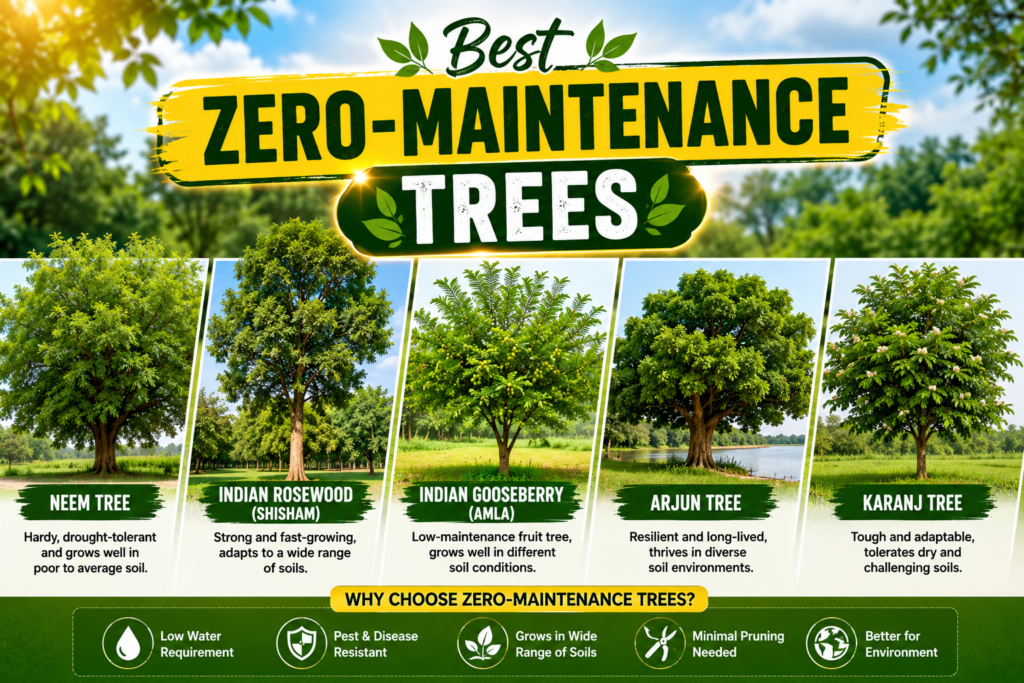 Best zero-maintenance trees for different soil conditions, including Neem, Shisham, Amla, Arjun, and Karanj.