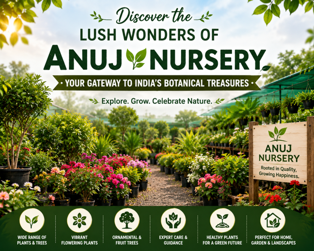 Anuj Nursery with colorful flowering plants, trees, and lush garden greenery.