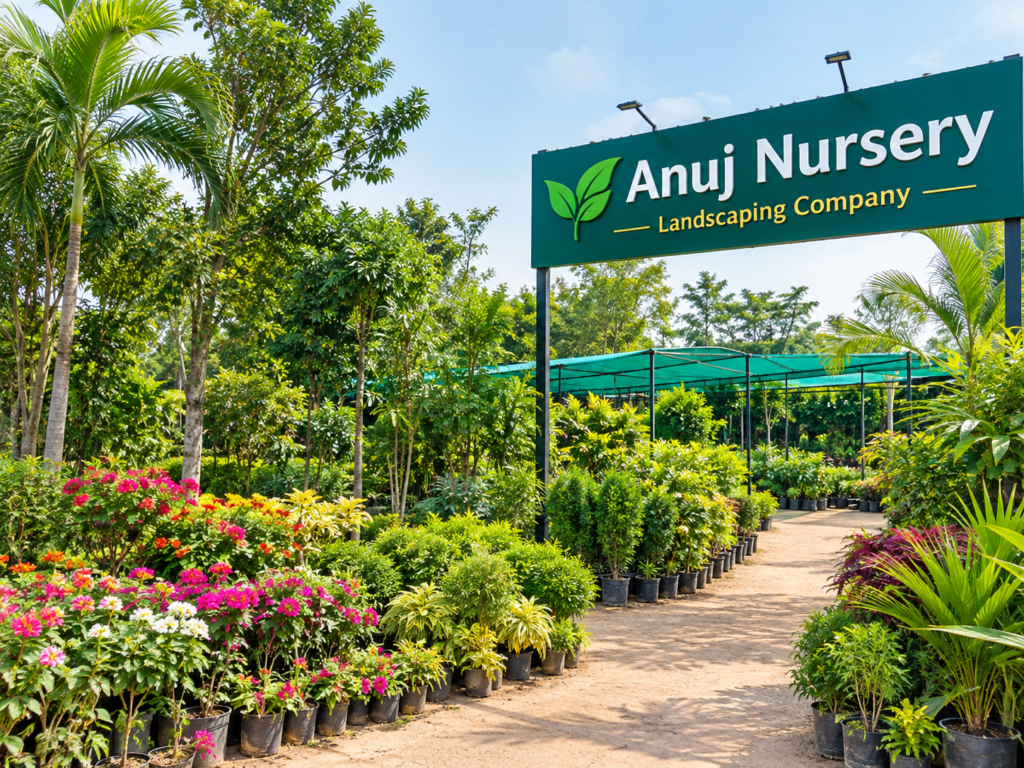 Plant nursery in Nagal Saharanpur with healthy flowering plants, fruit trees, and landscaping plants at Anuj Nursery.