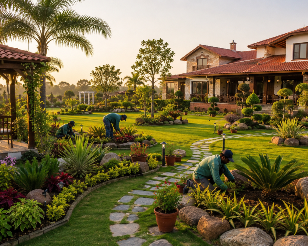 Farmhouse landscaping with lush plants, green lawn, and garden pathway.