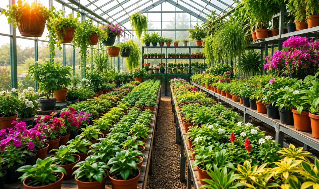 Anuj Nursery greenhouse filled with lush green plants and colorful flowering plants.