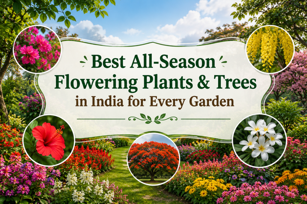 Best all-season flowering plants and trees in India for every garden, featuring hibiscus, bougainvillea, jasmine, Amaltas, Gulmohar, Plumeria, and colorful garden landscapes.
