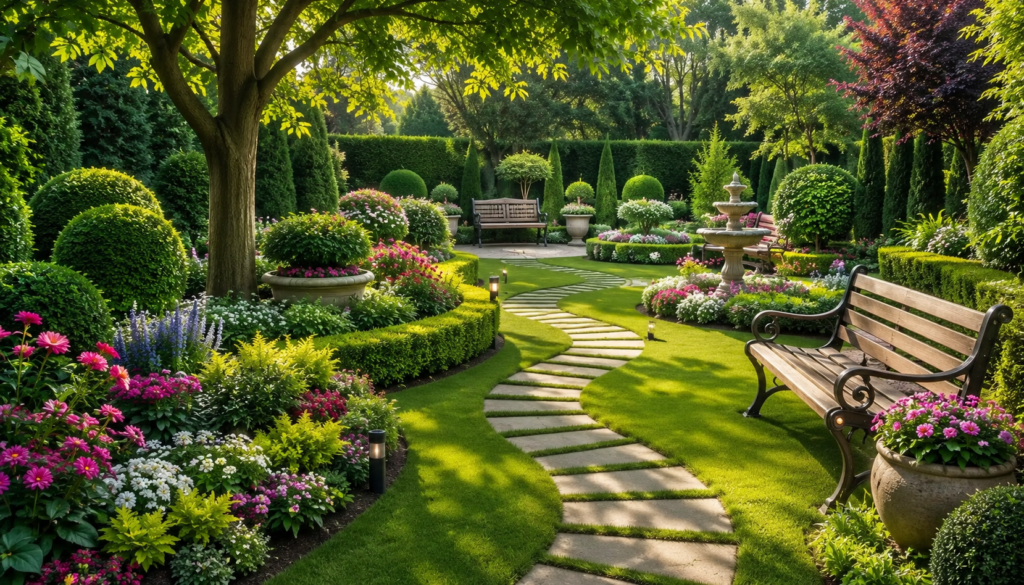 Professional garden landscaping with lush greenery and colorful flowers.