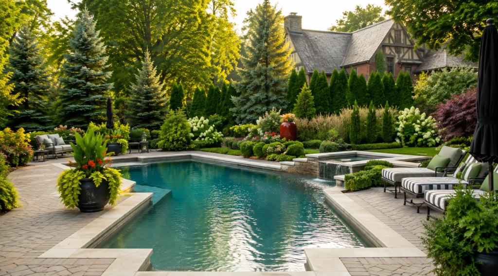 Luxury landscaped backyard with swimming pool by Anuj Nursery.