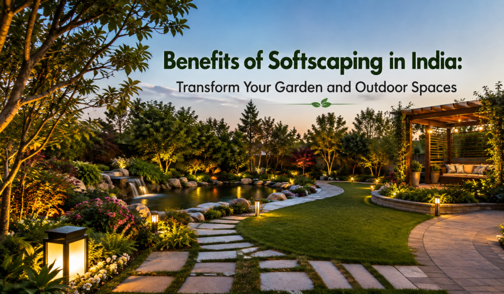Softscaping garden with greenery, flowers, pond, and outdoor seating.