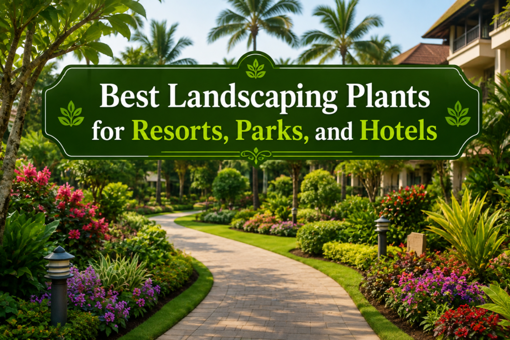 Tropical landscaped garden with colorful plants and palms.