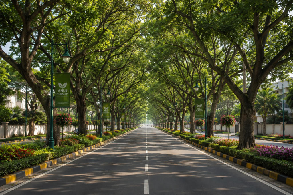 Anuj Nursery avenue trees landscaping a green roadside boulevard with lush tree canopy.