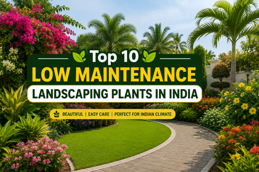 Top 10 low maintenance landscaping plants in India in a colorful garden.