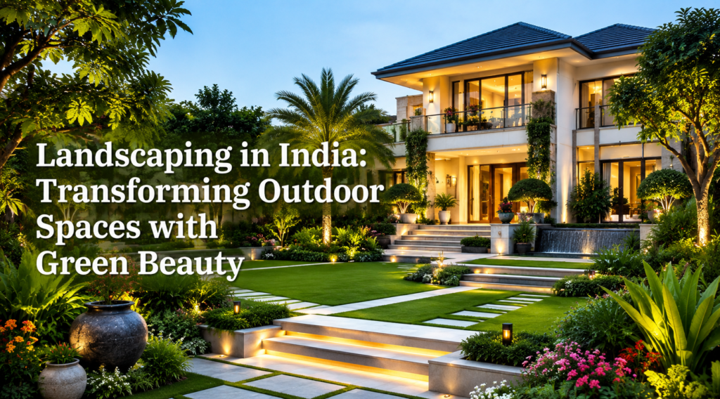 Modern landscaped garden with lush greenery and a luxury villa.