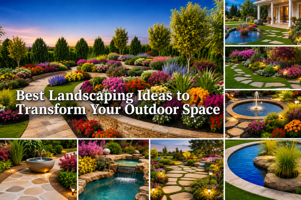 Beautiful landscaped garden with lush plants, green lawn, pathways, and decorative trees.