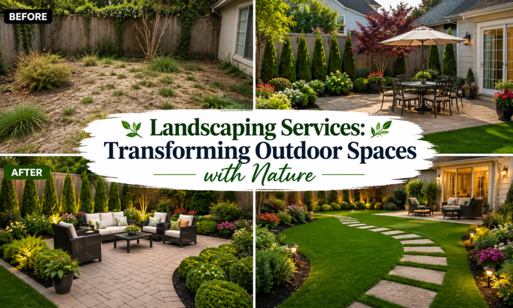 Landscaping services transforming an outdoor space with lush greenery, lawn, flowers, and garden design.