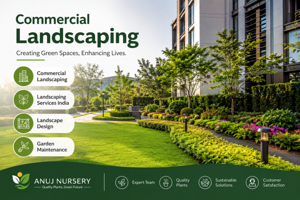 Commercial landscaping services in India featuring professional landscape design, garden maintenance, lush greenery, and a modern commercial property by Anuj Nursery.