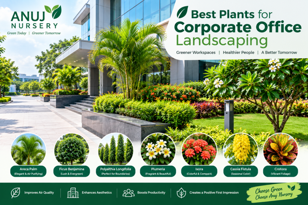 Corporate office landscaping with lush plants by Anuj Nursery.