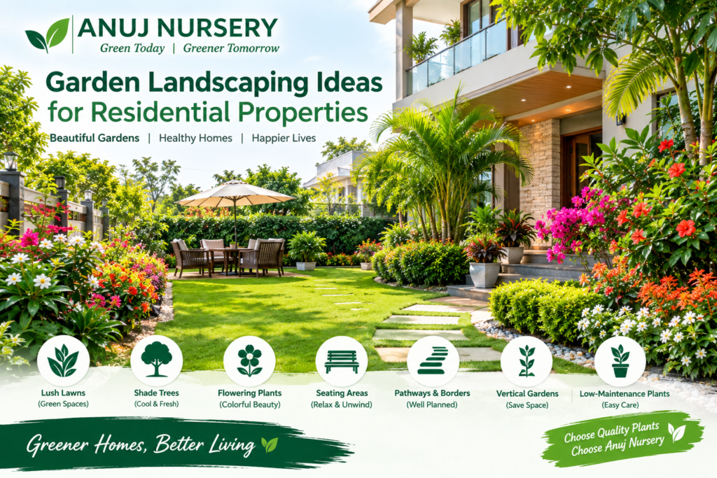 Residential garden landscaping with lush plants by Anuj Nursery.