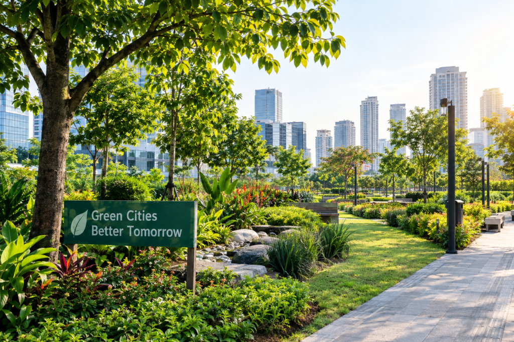 Sustainable urban landscaping with lush greenery and city skyline.