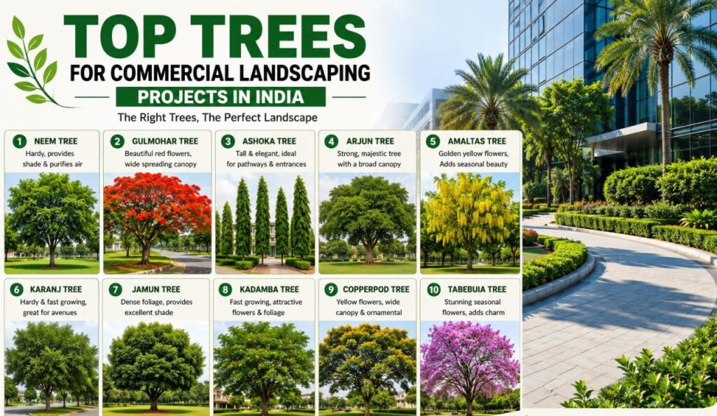 Top trees for commercial landscaping projects in India, featuring Neem, Gulmohar, Ashoka, Arjun, Amaltas, Karanj, Jamun, Kadamba, Copperpod, and Tabebuia trees by Anuj Nursery.