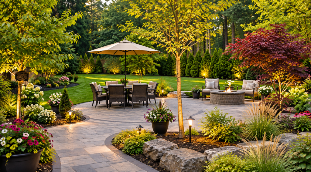 Modern landscaped garden with patio and greenery.